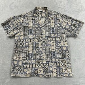 Jade Fashions Button Shirt Short Sleeve Men XL Beige Blue Hawaiian Beach Island